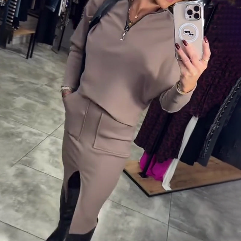Women's Casual Half Zip Tops ＆ Slit Skirt 2-Piece Set