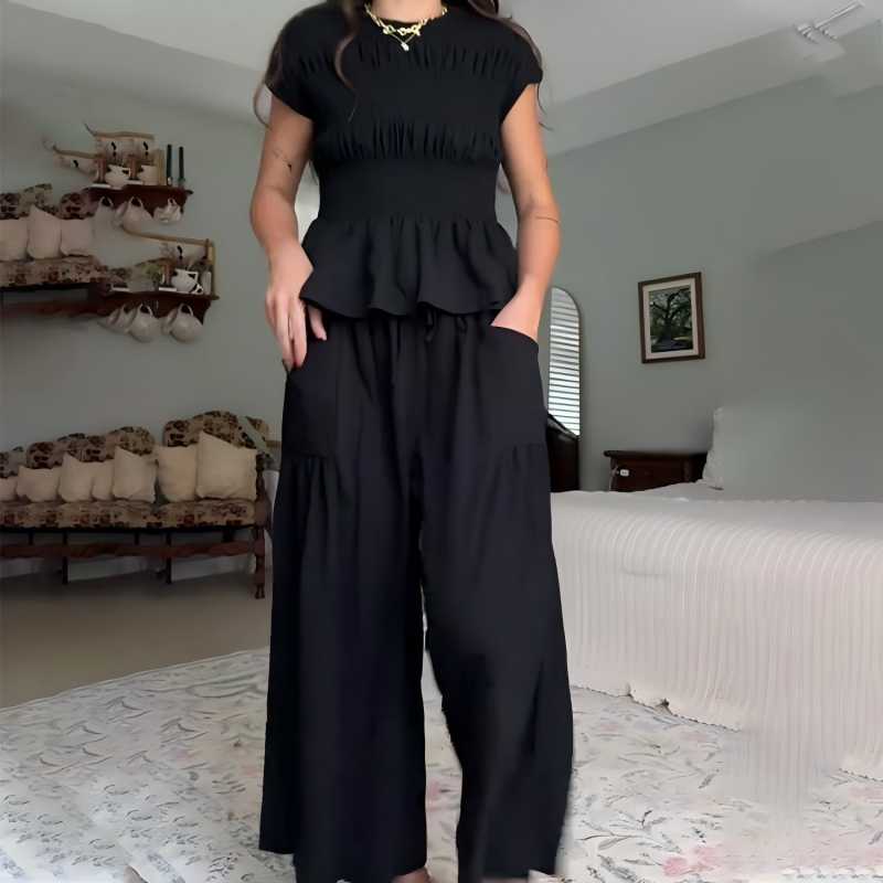 💜 LAST DAY PROMOTION - 50%OFF 💜 Women’s Pleated Top & Wide-Leg Pants Set
