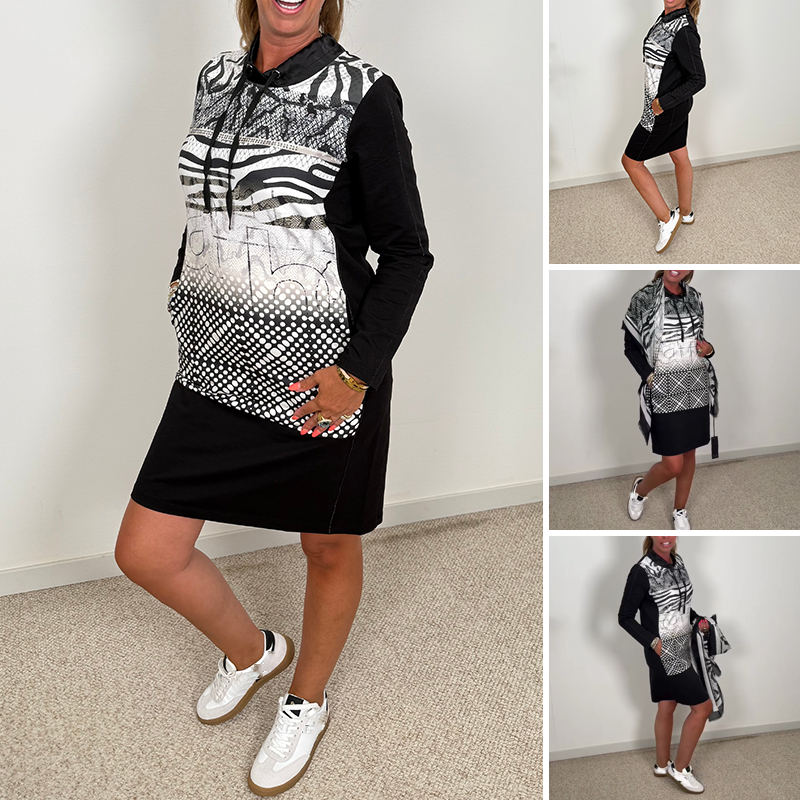 Black-White Printed Drawstring Long-Sleeve Dress