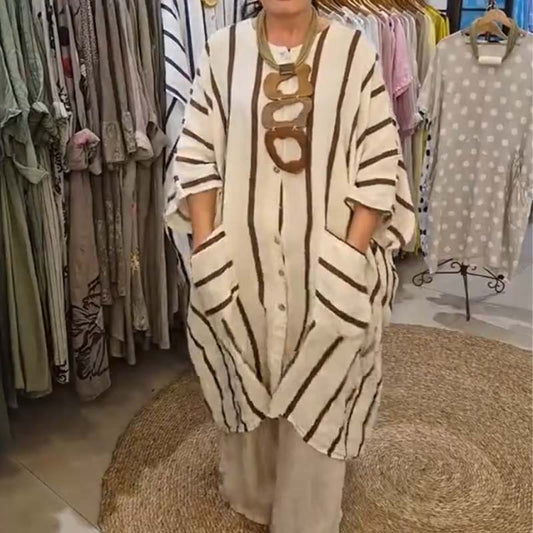 Oversized Striped Top & Solid Wide-Leg Pants Set