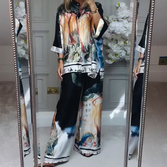 Loose Printed Shirt & Wide-Leg Pants 2-Piece Set