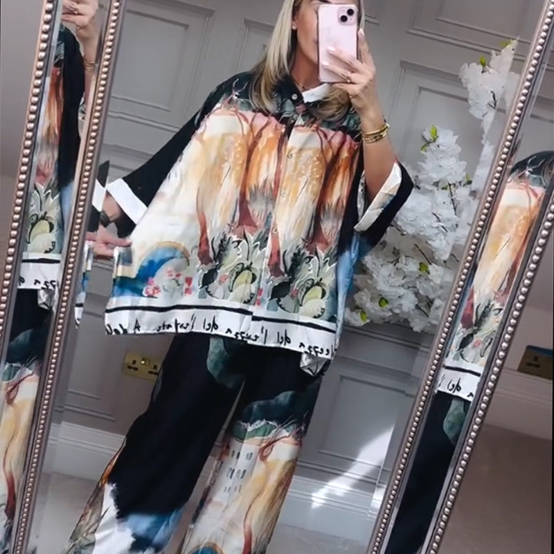 Loose Printed Shirt & Wide-Leg Pants 2-Piece Set