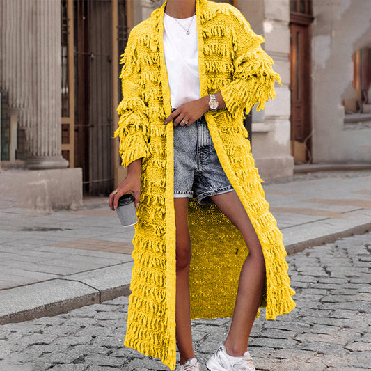 Long Solid-Color Tassel Knit Cardigan