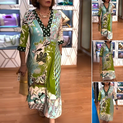 💚V-Neck Floral Print Dress With Side Slit And 3/4 Sleeves