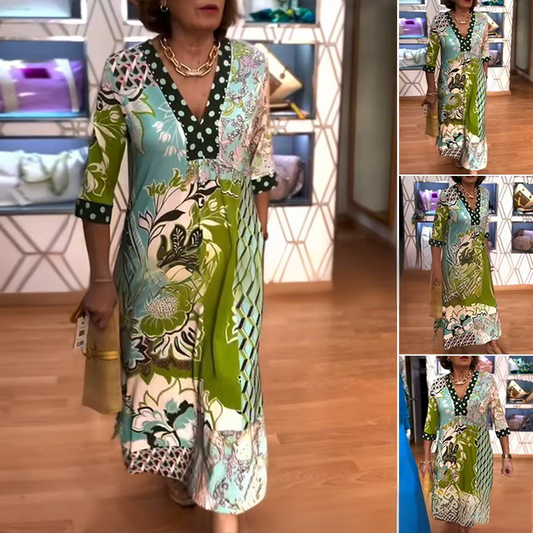 💚V-Neck Floral Print Dress With Side Slit And 3/4 Sleeves