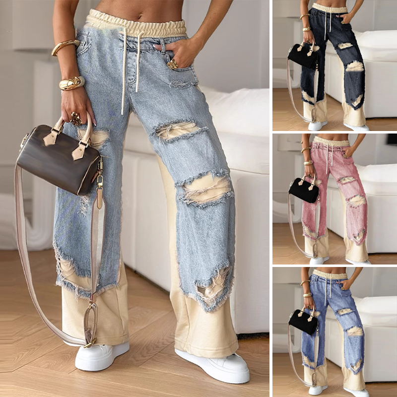 🍁Early Autumn Special Offer✨Patchwork Denim Elastic Drawstring Wide-Leg Pants