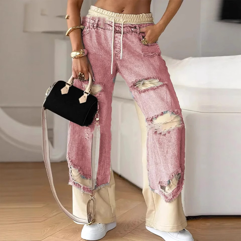 🍁Early Autumn Special Offer✨Patchwork Denim Elastic Drawstring Wide-Leg Pants