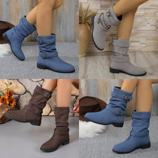 Women's Denim Buckle Strap Ankle Boots