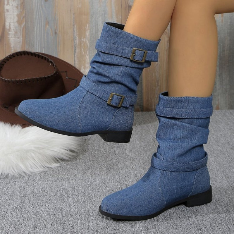 Women's Denim Buckle Strap Ankle Boots