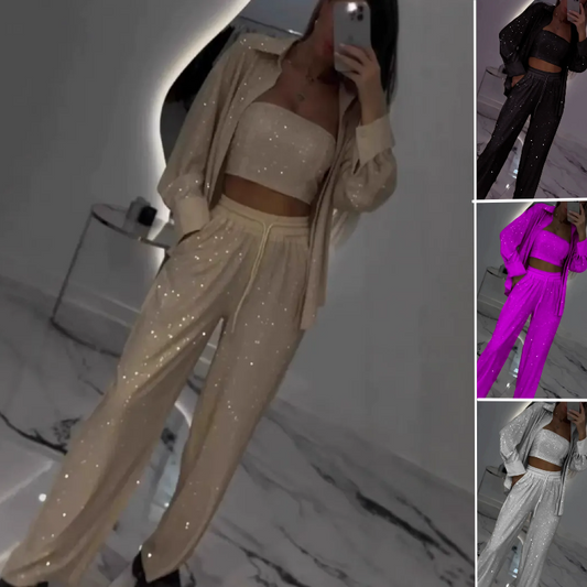 🌟New arrivals at half price-Women's Sequin Blazer & Wide-Leg Pants Three-Piece Set