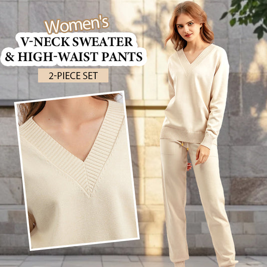 Women's V-Neck Sweater & High-Waist Pants 2-Piece Set