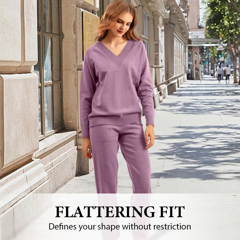 Women's V-Neck Sweater & High-Waist Pants 2-Piece Set