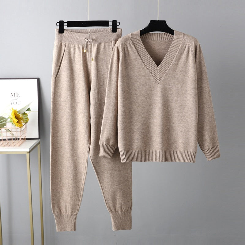 Women's V-Neck Sweater & High-Waist Pants 2-Piece Set