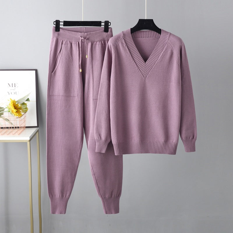 Women's V-Neck Sweater & High-Waist Pants 2-Piece Set