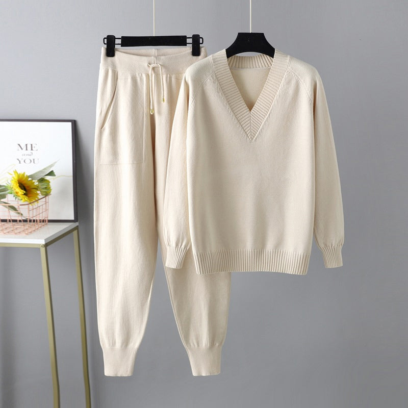 Women's V-Neck Sweater & High-Waist Pants 2-Piece Set