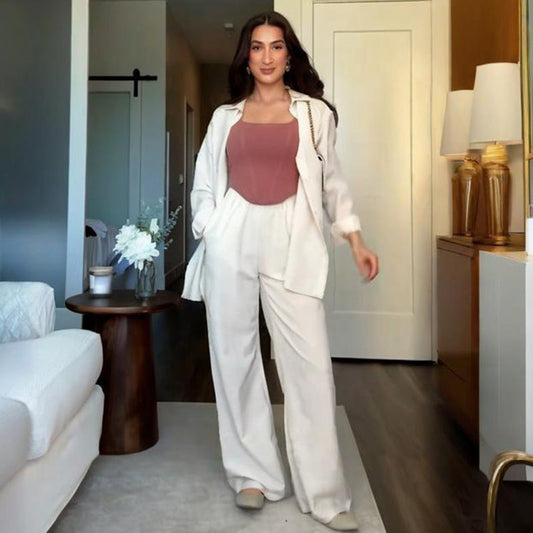 🍁Autumn's best-selling-Solid Color Relaxed Shirt & Wide-Leg Pants Set