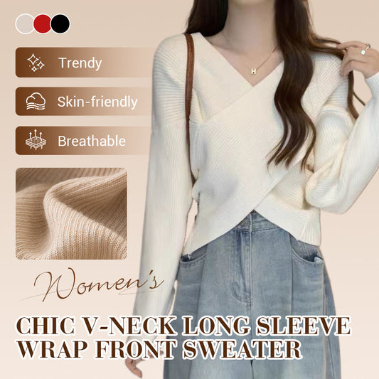 💥High-quality women's clothing-Chic V-Neck Long Sleeve Wrap Front Sweater