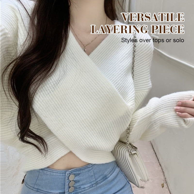 💥High-quality women's clothing-Chic V-Neck Long Sleeve Wrap Front Sweater
