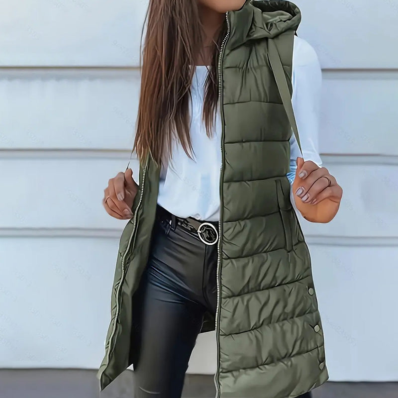 ✨ Women’s Long Puffer Vest (Zip-Up) – Easy to put on and take off with a zipper, long length for waist protection and warmth, ideal for layering in autumn and winter.