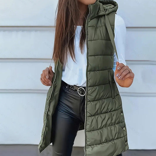 ✨ Women’s Long Puffer Vest (Zip-Up) – Easy to put on and take off with a zipper, long length for waist protection and warmth, ideal for layering in autumn and winter.