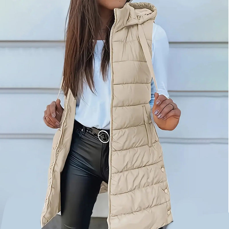 ✨ Women’s Long Puffer Vest (Zip-Up) – Easy to put on and take off with a zipper, long length for waist protection and warmth, ideal for layering in autumn and winter.