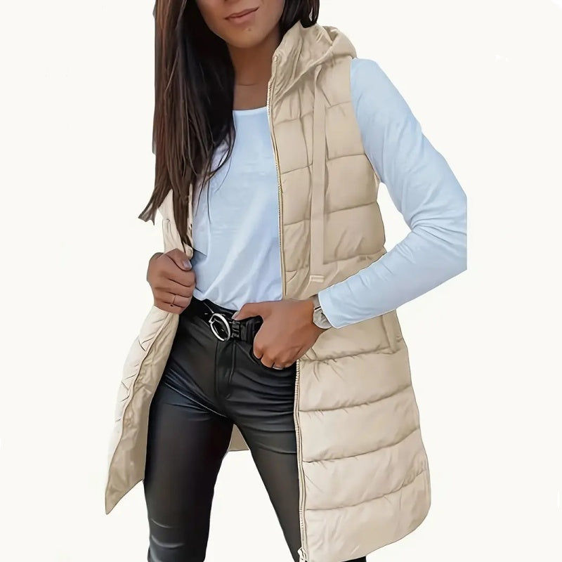 ✨ Women’s Long Puffer Vest (Zip-Up) – Easy to put on and take off with a zipper, long length for waist protection and warmth, ideal for layering in autumn and winter.