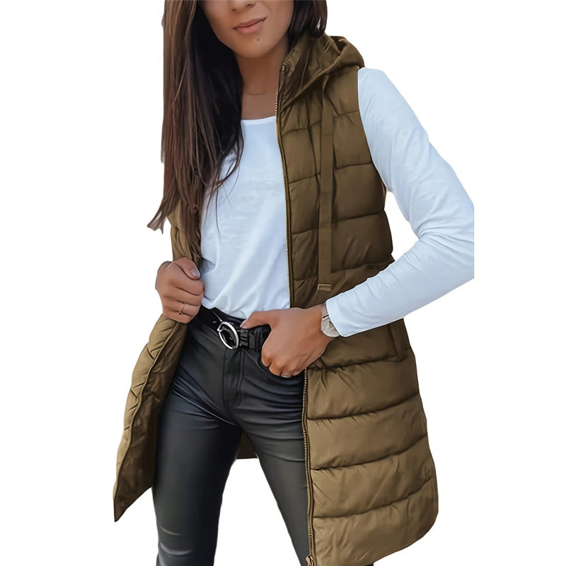 ✨ Women’s Long Puffer Vest (Zip-Up) – Easy to put on and take off with a zipper, long length for waist protection and warmth, ideal for layering in autumn and winter.