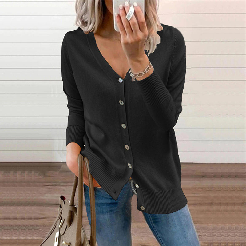 💥New Arrivals: Hot Sellers-Women's Solid Color Buttoned V-Neck Knit Top