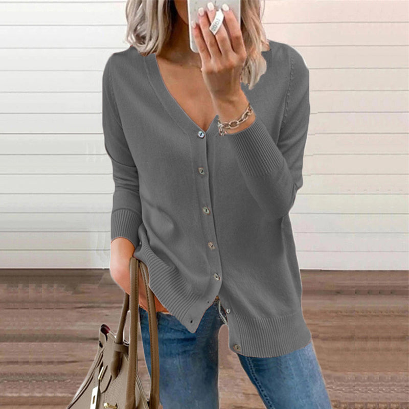 💥New Arrivals: Hot Sellers-Women's Solid Color Buttoned V-Neck Knit Top