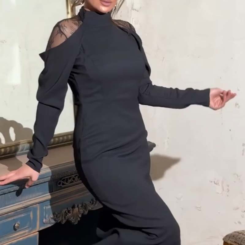 🔥Limited stock available 50% OFF🔥Women's Elegant Mock Neck Lace Back Midi Dress