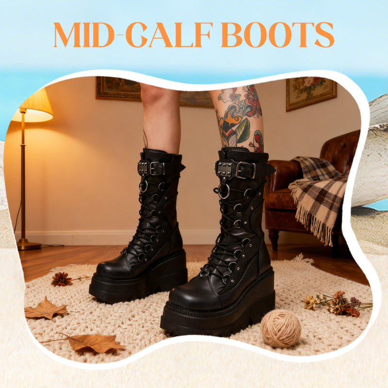 👢New arrivals selling worldwide-Women's Punk-Style Chunky Heel Mid-Calf Boots