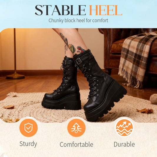 👢New arrivals selling worldwide-Women's Punk-Style Chunky Heel Mid-Calf Boots