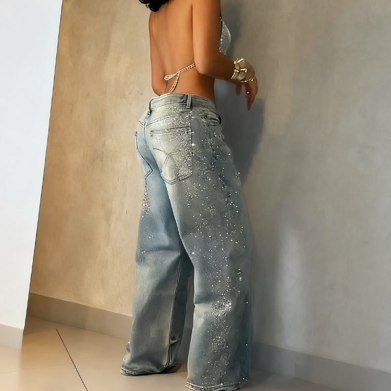 Women’s Sparkling Rhinestone Wide-Leg Jeans
