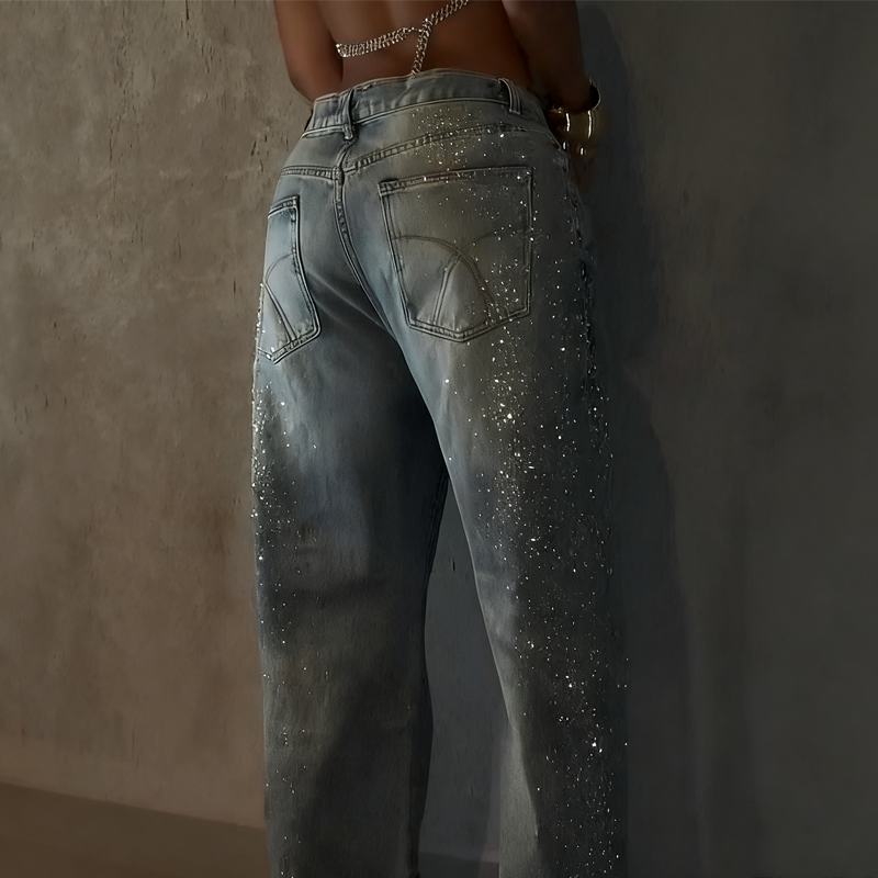 Women’s Sparkling Rhinestone Wide-Leg Jeans
