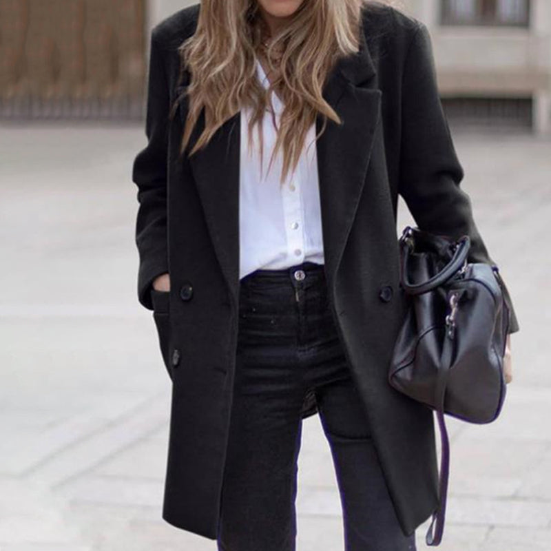 🧥High-quality women's clothing-Elegant Black Double-Breasted Coat: Comfortable Fit & Timeless Style