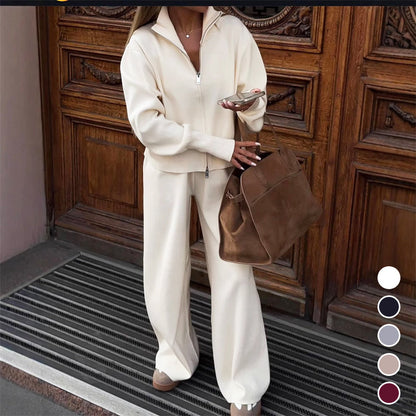 💥New arrivals: 50% off-Women's Knitted Slim-Fit Zip-Up Top & Wide-Leg Pants Set