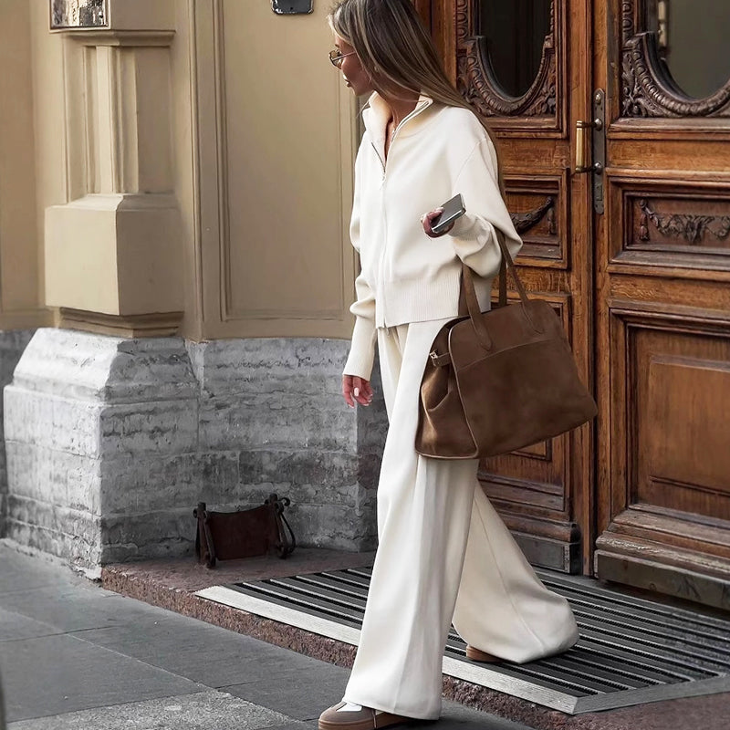 💥New arrivals: 50% off-Women's Knitted Slim-Fit Zip-Up Top & Wide-Leg Pants Set