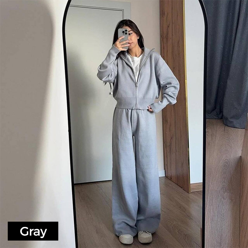 💥New arrivals: 50% off-Women's Knitted Slim-Fit Zip-Up Top & Wide-Leg Pants Set