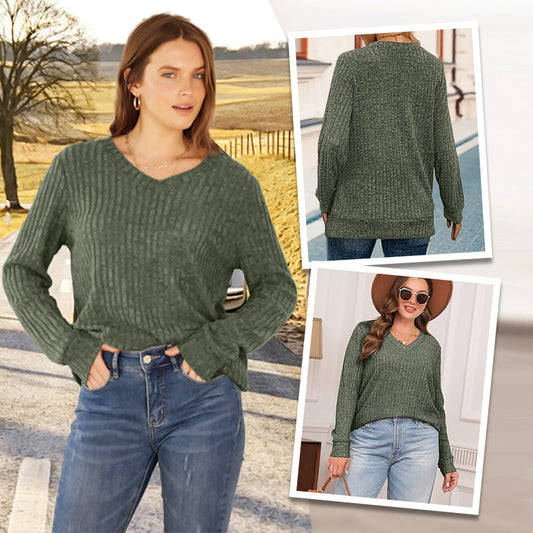 🔥50% off sale now!-Women's V Neck Long Sleeve Solid Sweater
