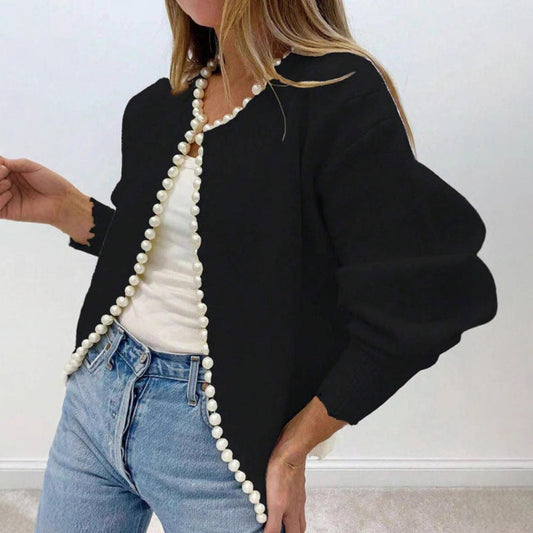 Women's Pearl Accent Cropped Knit Cardigan