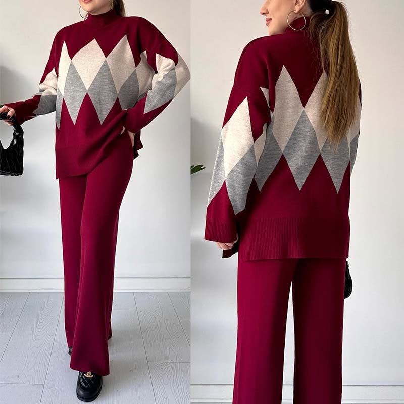 🔥Limited-time offer-Fashion Color-blocking Rhombus Sweater & Pants Set