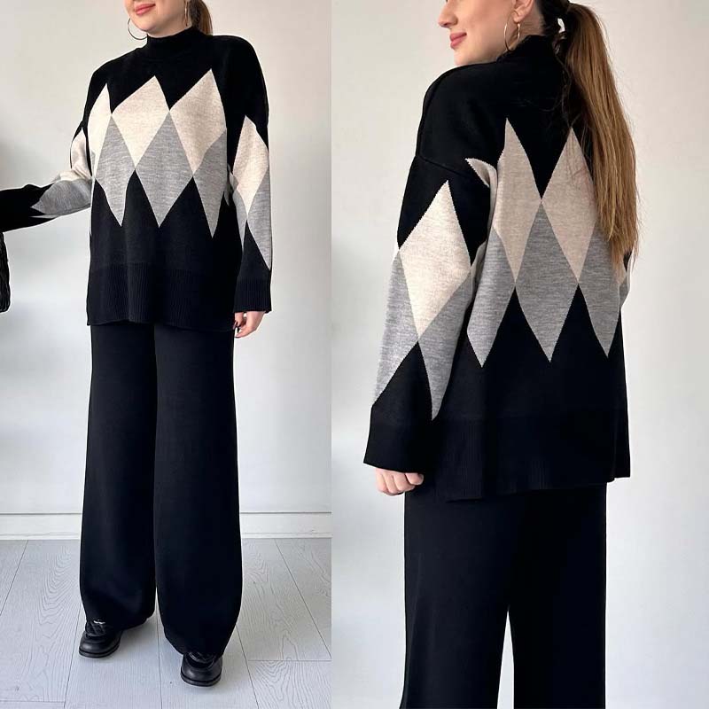 🔥Limited-time offer-Fashion Color-blocking Rhombus Sweater & Pants Set