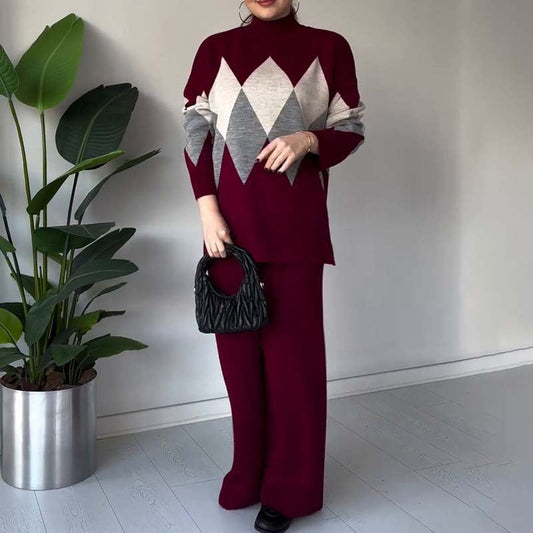 🔥Limited-time offer-Fashion Color-blocking Rhombus Sweater & Pants Set