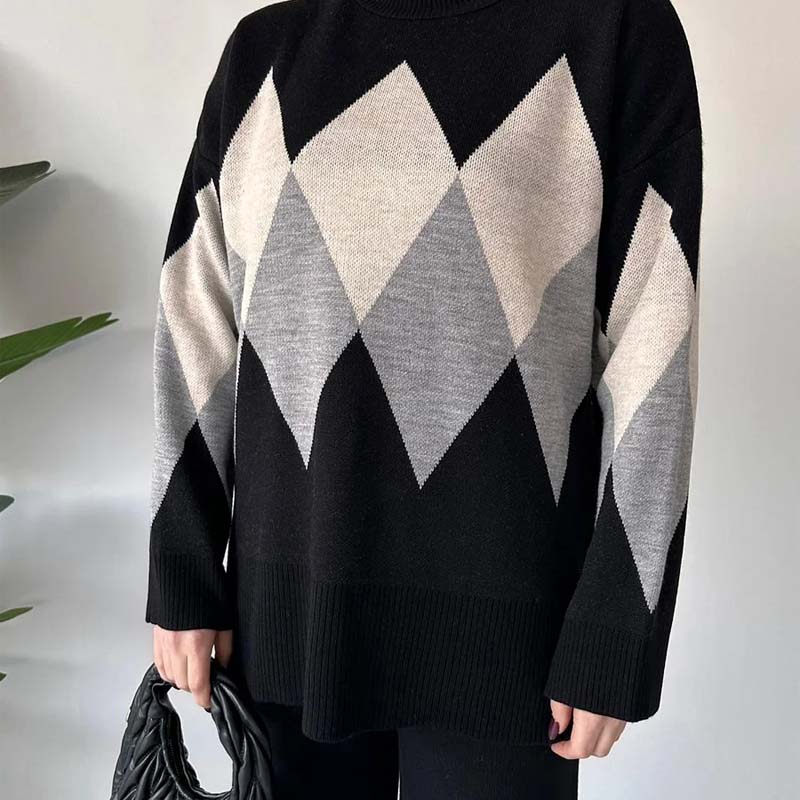 🔥Limited-time offer-Fashion Color-blocking Rhombus Sweater & Pants Set