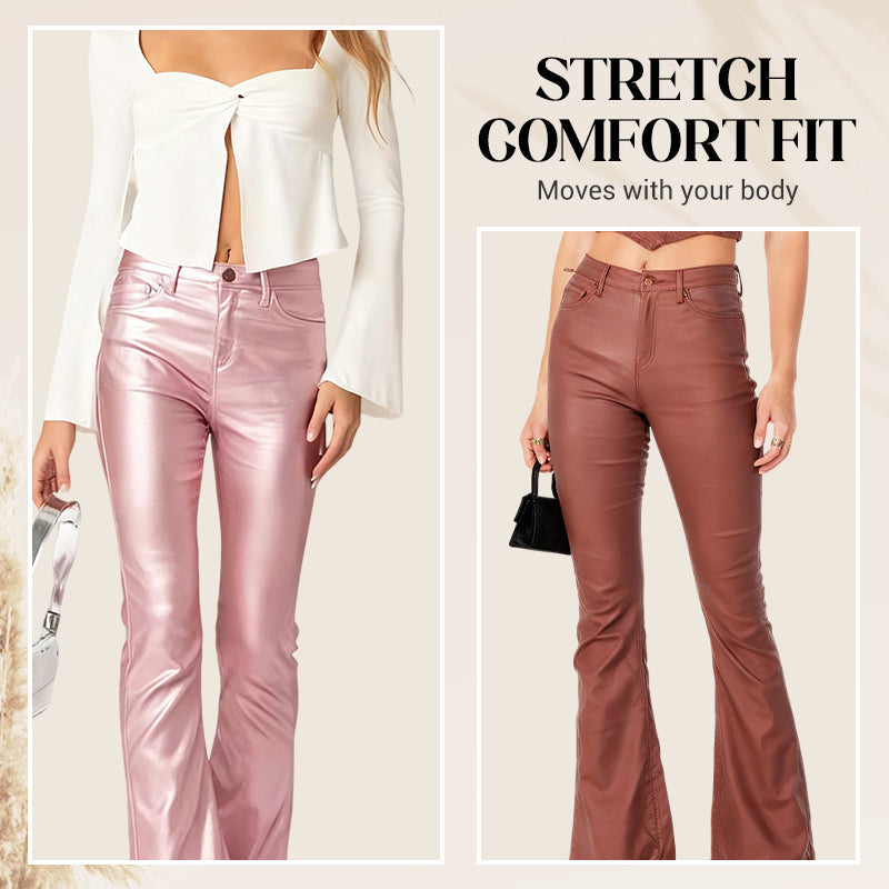 High-Waisted Stretch Faux Leather Flare Jeans