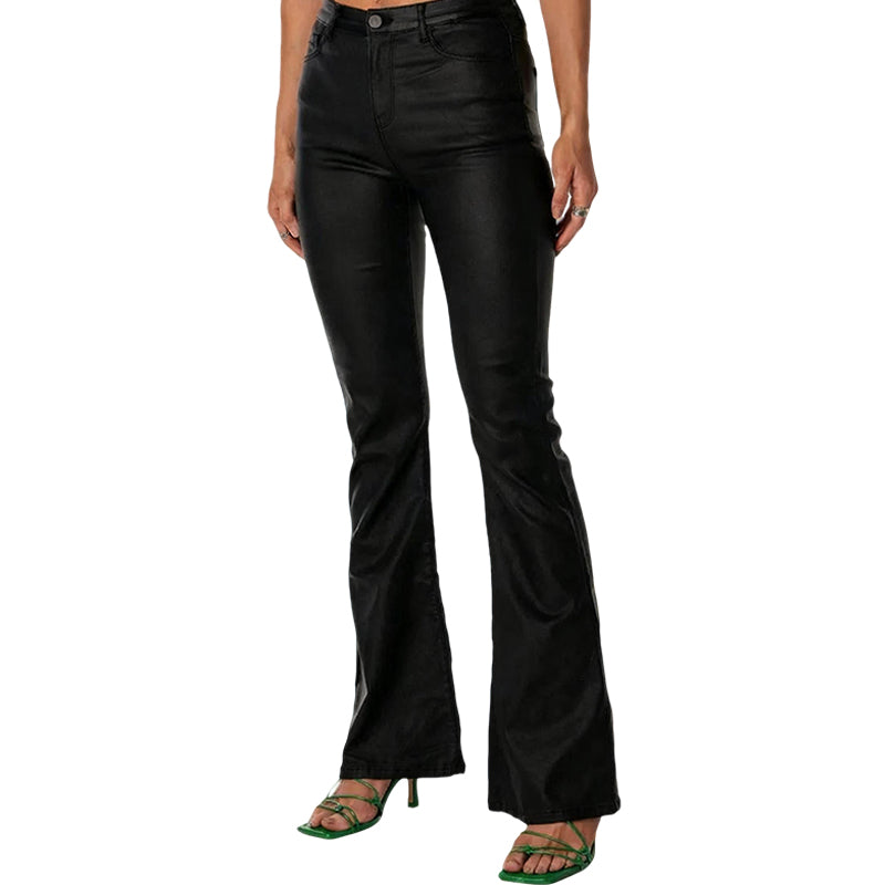 High-Waisted Stretch Faux Leather Flare Jeans