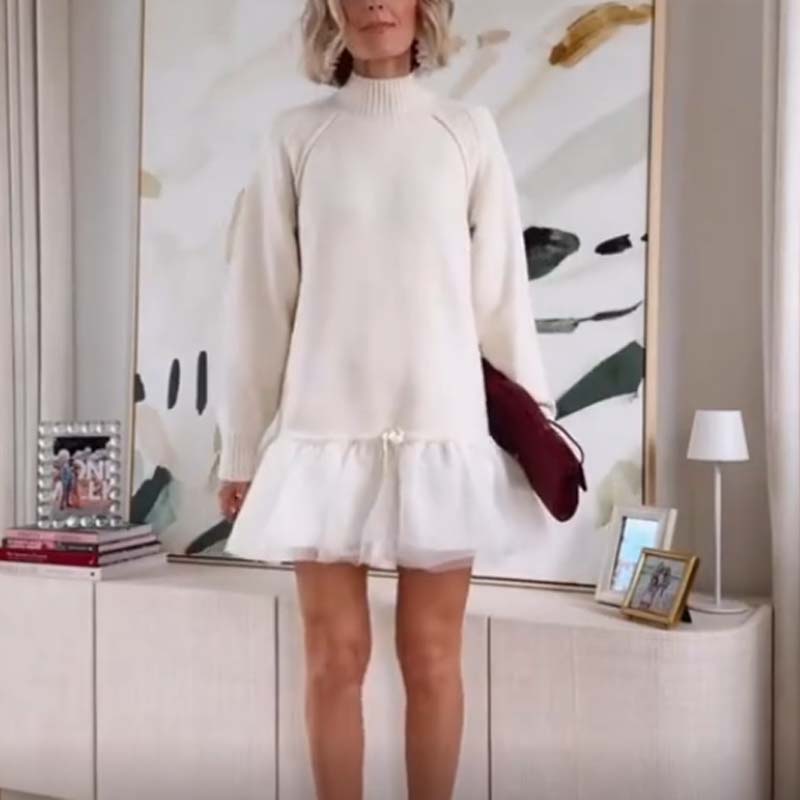 💖LAST DAY PROMOTION - 50%OFF 💖 Women's Turtleneck Ribbed Knit Sweater Tulle Mini Dress
