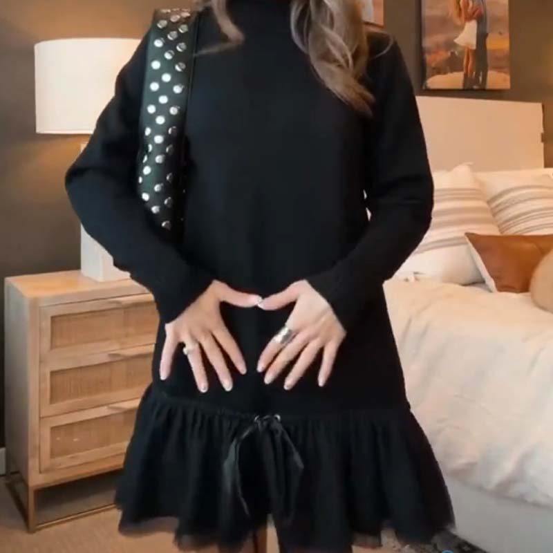 💖LAST DAY PROMOTION - 50%OFF 💖 Women's Turtleneck Ribbed Knit Sweater Tulle Mini Dress