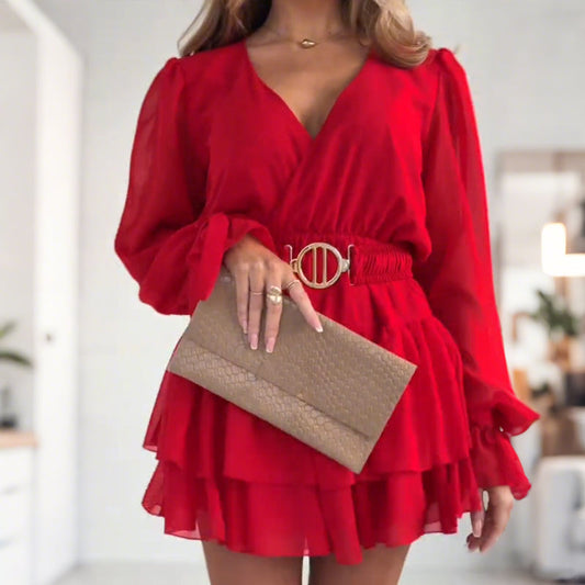 🔥Hot Sale Offers-Women's Fashion Long Sleeve V-Neck Mini Dress