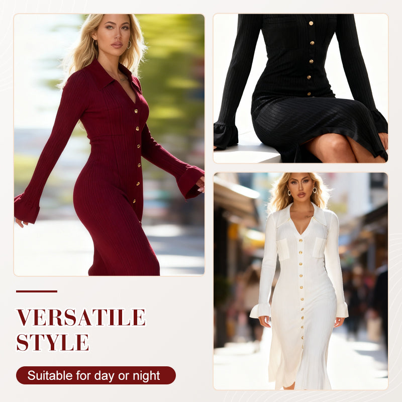 💖LAST DAY PROMOTION - 50%OFF 💖 Women's V-Neck Button Down Long Sleeve Fall Dress